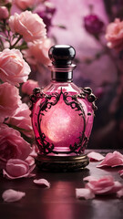 Obraz na płótnie Canvas Mystical magic potion in a bottle with pink flowers, generative ai