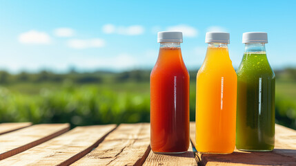 Three bottles of refreshing, vegetable or fruit juices in different colors, background sky/blue