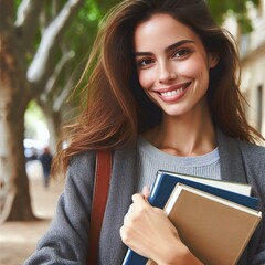 Uma estudante jovem sorrindo segurando os cadernos e livros. Uma aluna simples feliz e sorridente, mulher sorrindo, pessoa alegre, aluna sorrindo com cadernos nas mãos
