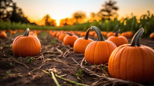 A field of pumpkins with a sunset in the background. Generative AI.