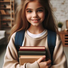 Uma estudante criança sorrindo segurando os cadernos e livros. Uma aluna simples feliz e sorridente, menina sorrindo,  criança alegre, aluna sorrindo com cadernos nas mãos - obrazy, fototapety, plakaty