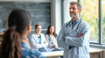 Fototapeta premium An esteemed medical professor imparts knowledge to group of eager young interns in t classroom