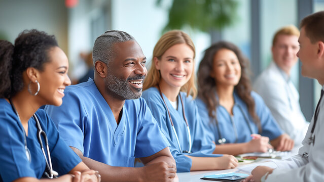 Hospital staff, including doctors and nurses, enjoy friendly conversation during their break time