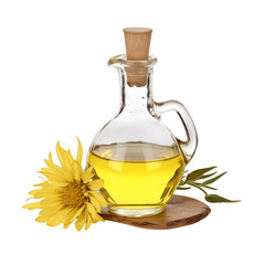 fresh raw organic berkheya oil in glass bowl png isolated on white background with clipping path. natural organic dripping serum herbal medicine rich of vitamins concept. selective focus