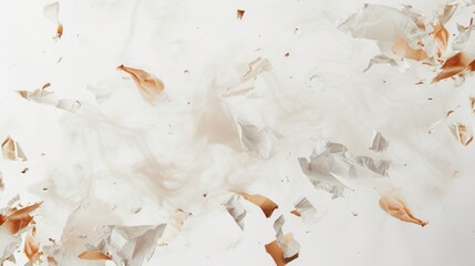  a white background with a lot of brown pieces of paper flying in the air and a white background with a lot of brown pieces of paper flying in the air.