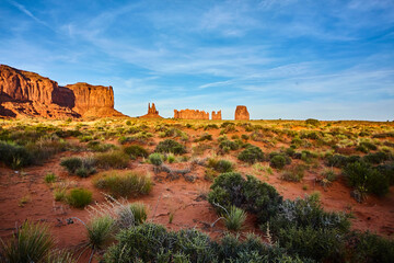 Fototapeta na wymiar Monument Valley Red Rock Buttes and Desert Flora at Sunset