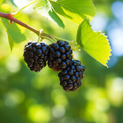close-up of a fresh ripe blackberry hang on branch tree. autumn farm harvest and urban gardening concept with natural green foliage garden at the background. selective focus - obrazy, fototapety, plakaty