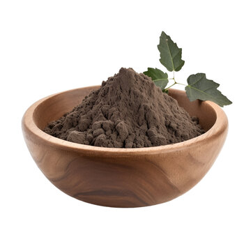 pile of finely dry organic fresh raw black cohosh root powder in wooden bowl png isolated on white background. bright colored of herbal, spice or seasoning recipes clipping path. selective focus