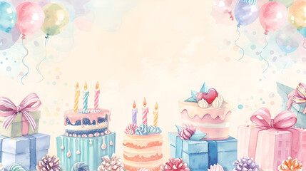 copy space birthday card, frame of sweets cakes and pastries on a background with space for text