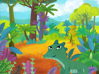 cartoon scene with forest jungle meadow wildlife with dragon dino dinosaur animal zoo scenery illustration for children © honeyflavour