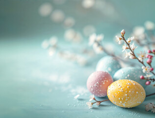 Eastern delight pastel painted eggs with flowers on light blue table background