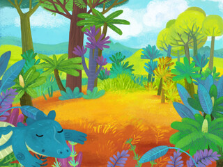 cartoon scene with forest jungle meadow wildlife with dragon dino dinosaur animal zoo scenery illustration for children © honeyflavour