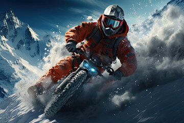 Serious man wearing an orange snowsuit and goggles rides a snowbike through the mountains.