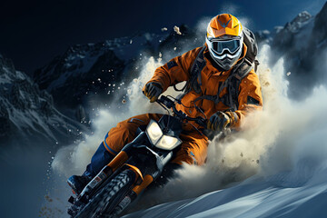 Active man wearing orange snow suit and helmet is riding motorcycle through snow at mountains - obrazy, fototapety, plakaty