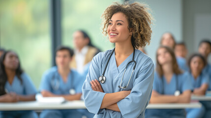 A doctor looks on with approval as intern impresses the audience with medical knowledge