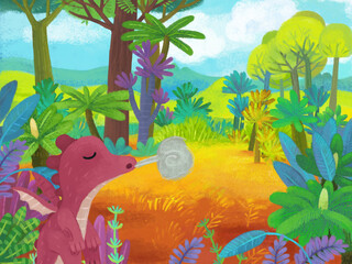 cartoon scene with forest jungle meadow wildlife with dragon dino dinosaur animal zoo scenery illustration for children © honeyflavour