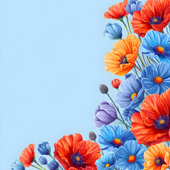 Vivid summer flowers on a sky blue background for Mother's Day or birthday greeting banner or card. Features red poppies, blue, orange and purple wild flowers with copy space for text.