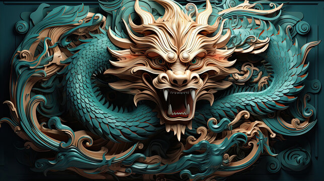 Majestic Encounter: Mesmerizing Close-up of Wooden Carved Dragon Head Embracing Wall