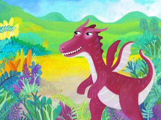 cartoon scene with forest jungle meadow wildlife with dragon dino dinosaur animal zoo scenery illustration for children © honeyflavour