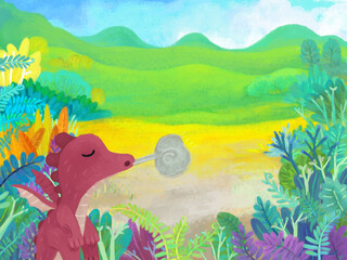 cartoon scene with forest jungle meadow wildlife with dragon dino dinosaur animal zoo scenery illustration for children © honeyflavour
