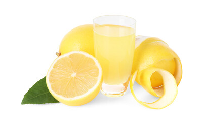 Shot glass with tasty limoncello liqueur, lemons and green leaf isolated on white