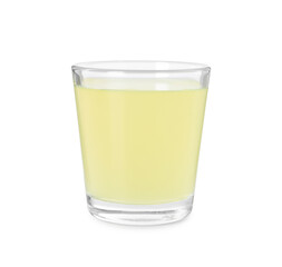Shot glass with tasty limoncello liqueur isolated on white - obrazy, fototapety, plakaty