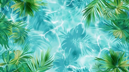  a blue and green tropical wallpaper with palm leaves and a pool of water in the middle of the image is a palm tree leaves in the center of the photo.