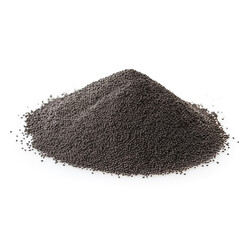 close up pile of finely dry organic fresh raw black sesame seed powder isolated on white background. bright colored heaps of herbal, spice or seasoning recipes clipping path. selective focus