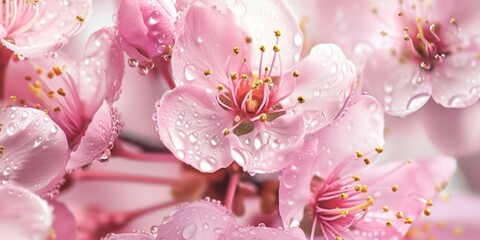 A bunch of pink flowers with water droplets on them.