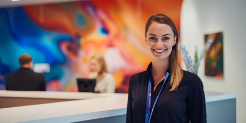 Obraz premium Confident,Young,Woman,Standing,In,Modern,Office,With,Bright,Smile,Wearing,Lanyard,Around,Neck