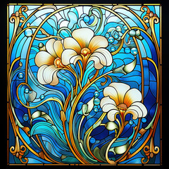 Art nouveau style stained glass window with vines and plants in bright colors.