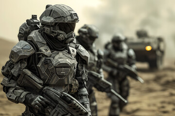 Fototapeta premium Group of Soldiers Walking Across a Dirt Field