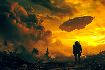 Man Standing in Field With Spaceship in Sky