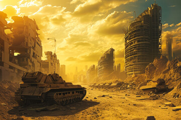 Devastated City With Tank in the Foreground