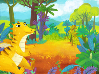 cartoon scene with forest jungle meadow wildlife with dragon dino dinosaur animal zoo scenery illustration for children © honeyflavour