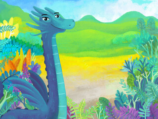 cartoon scene with forest jungle meadow wildlife with dragon dino dinosaur animal zoo scenery illustration for children © honeyflavour