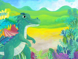 cartoon scene with forest jungle meadow wildlife with dragon dino dinosaur animal zoo scenery illustration for children © honeyflavour