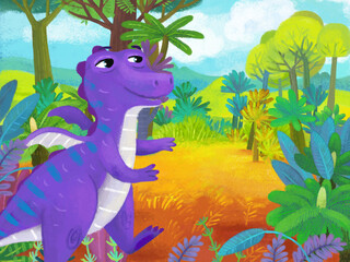 cartoon scene with forest jungle meadow wildlife with dragon dino dinosaur animal zoo scenery illustration for children © honeyflavour