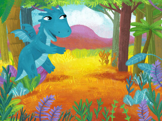 cartoon scene with forest jungle meadow wildlife with dragon dino dinosaur animal zoo scenery illustration for children © honeyflavour