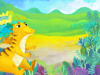 cartoon scene with forest jungle meadow wildlife with dragon dino dinosaur animal zoo scenery illustration for children © honeyflavour