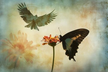 Nature's delicate harmony captured in a vibrant painting of a butterfly perched on a flower, amidst a world of crawling insects, fluttering invertebrates, and soaring birds