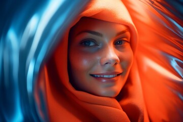 Charming Woman with Orange Hijab and Gentle Smile on Blue Background