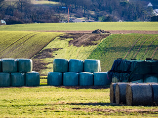 Stroh und Silage Ballen lagern auf einem Feld im Winter