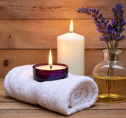 Fototapeta na wymiar spa still life with candles towels massage oils on a wooden background banner formate