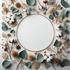 Obraz premium A minimalist botanical frame composed of cotton, eucalyptus, and dried flora with a central blank space for text or design placement. 