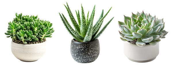Tiny cute succulent plants collection on ceramic pots over isolated transparent background - Powered by Adobe