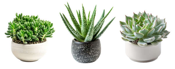 Tiny cute succulent plants collection on ceramic pots over isolated transparent background