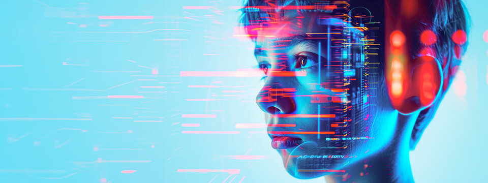 Caucasian boy headshot with computer vision and data visualization representing new technological advances