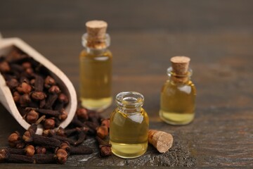 Clove oil in bottles and dried buds on wooden table, closeup