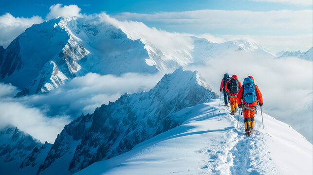 une cord&eacute;e d'alpiniste sur une cr&egrave;te de montagne enneig&eacute;e, illustration	
